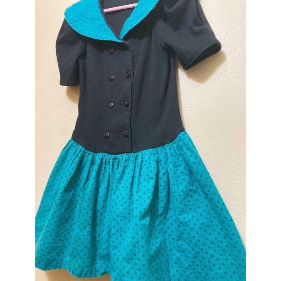 Vintage Amy Too! Black & Teal Collared Button Front Little Girls Dress Size 10 - Picture 5 of 6